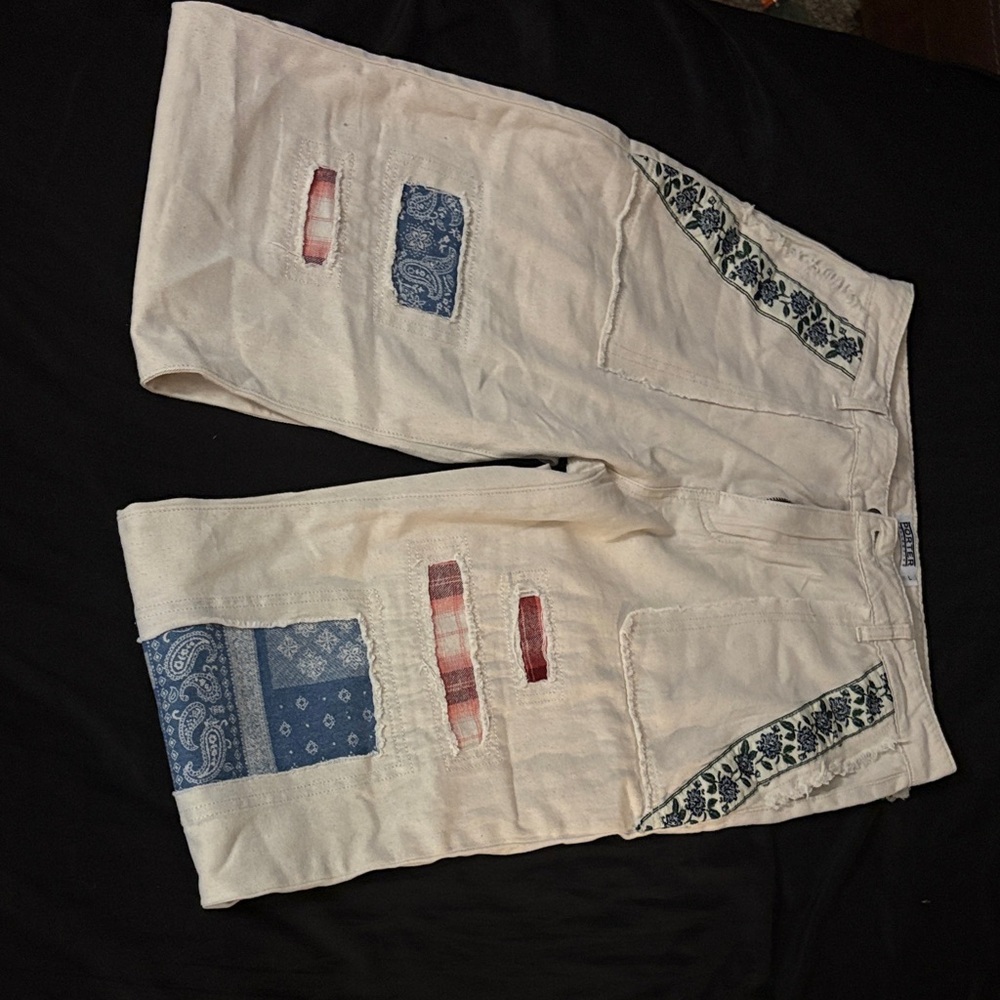 Chic Cream Patchwork Women's Pants with Blue and Red Accents